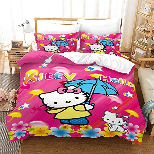 NICHIYOBI Hello Kitty Bettbezug Bettwäsche Set - Bettbezug und Kissenbezug,Mikrofaser,3D Digital Print dreiteiliger Bettwäsche (6,Single 135x200cm)