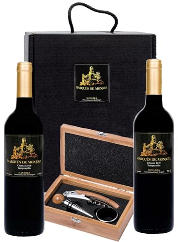 Caja de Vino Tinto - Pack de 2 Botellas con Set con sacacorchos servidor con tapón y aro antigoteo Regalo Original - Crianza D.O. Origen Navarra - Estuche ideal para regalar.
