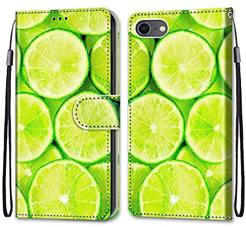 nancencen Kompatibel mit iPhone 7 / iPhone 8 / iPhone SE 2020 Handyhülle, Flip Cover Schutzhülle (Anti-Fall) Kartenschlitz Portemonnaie Stil - Zitrone