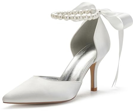 Women's Pearl White Wedding Shoes for Bride High Heels Pointed Toe Bridal Shoes Satin Prom Party Dress Pumps Sandals