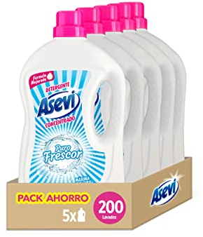 Asevi Detergente Líquido para Lavadora Puro Frescor - Detergente para Ropa Blanca y de Color con Fórmula Concentrada - Extra de Frescura para una Ropa Limpia y Perfumada - Pack 5-200 Lavados