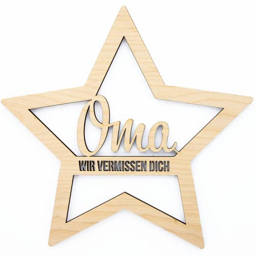 Ocasy Grabstecker Stern mit Oma wir vermissen dich, Grabdeko mit Spruch, Grabschmuck aus Holz, Blumenstecker zum Andenken