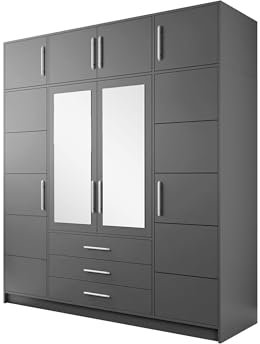 Mirjan24 Drehtürenschrank + Schrankaufsatz Bado 4D, Kleiderschrank mit Spiegel, Schubladen und Spiegeltüren, Elegantes Schlafzimmer Schrank, Jugendzimmer (Graphit)