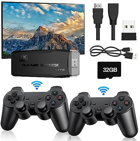 Joulli M8 Game Stick, 4K Wireless Retro Game Console, USB Game Console Plug and Play TV Stick with 2 2.4G Game Controllers, Support 3500/10000+ Games, Support 4K HD Output (32G/3500 games)