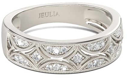 Jeulia 925 Sterling Silber Ringe Milgrain Rundschliff Damen Band Jubiläum Versprechen Ringe mit Schmuckschatulle für Sie Frauen Mädchen (Silber, 50(15.7))