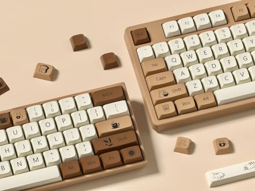 Brown PBT Keycaps 140 Keys XDA Profile Cute Key caps Dye-Sublimation Coffee Cat Keycaps Set Custom Key caps for Cherry Gateron MX Swithes Mechanical Keyboard(Spacebar is 6.25U/7U)