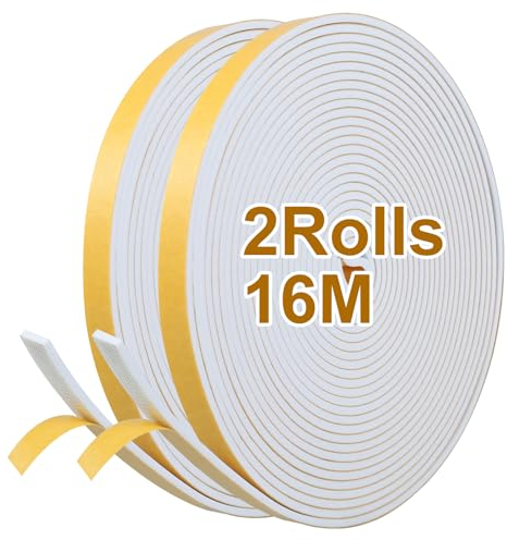 Inwee 2 Rollos de Burletes de Espuma de 12mm de Ancho x 3mm de grosor, Tiras de Sellado, Cinta Selladora Espuma Burlete Ventana Corredera, Anticolisión, Impermeables, Total 16m(2 x 8m)