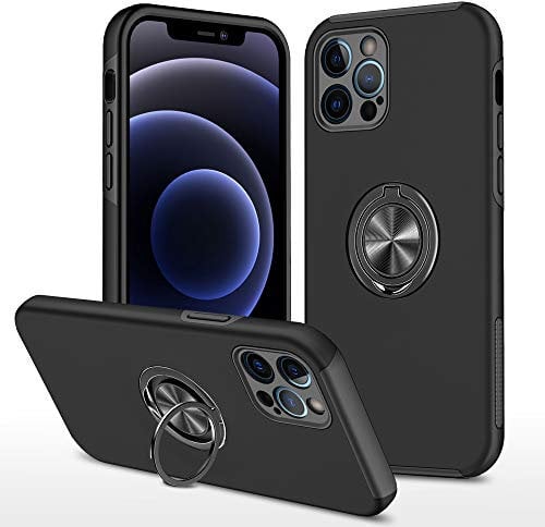 EYZUTAK Case for iPhone 12 Pro Max 6.7 inch, 360 Degree Rotation Magnetic Metal Finger Ring Holder Magnet Car Holder Inner Silicone with Camera Protection Glossy Anti-drop Hard Cover - Black