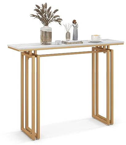 LIFEZEAL Table de Console Effet Marbre, Meuble Console Cadre en Métal Robuste, Table d’Entrée Moderne, Bout de Canapé, 110 x 30 x 81 cm, pour Couloir, Salon, Chambre (Blanc + Or)