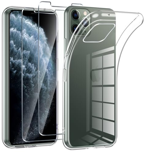 Phoona Coque pour iPhone 11 Pro Max avec 2 Pièces Protection Écran en Verre Trempé,Ultra Transparente Silicone en Gel TPU Souple pour iPhone 11 Pro Max Couqe,Antichoc Anti-Jaune Etui Bumper