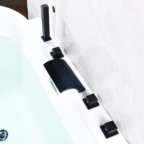 DSYOGX LED Wasserfall Badewanne Duschset, 5Loch Wannenarmatur Duschsystem Badewannenarmatur Einhebelmischer Duschset, Messingventil, Schwarz