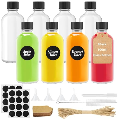 Amentalove 8PCS 100ml Mini Bouteille Verre, Petite Bouteille en Verre Vide, Bouteilles Miniatures, Mignonette Vide avec Entonnoir, étiquettes et Stylo Pour Huiles Essentielles, Jus, Ginger Shot