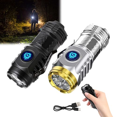 Dreiäugige Monster-Mini-Taschenlampe, wiederaufladbare LED-Taschenlampe, superhell, tragbare Taschenlampe, wasserdichte Taschenlampe für Outdoor, Camping, Wandern, Notfall (Schwarz-Silber)