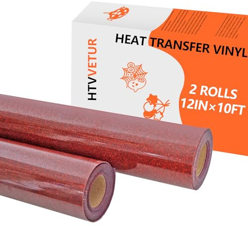 HTVVETUR Glitter Red HTV Heat Transfer Vinyl - 2 Rolls 12 x 10ft Glitter HTV for Shirts, Iron on Vinyl for Cameo - Easy to Cut & Weed (Red, 20ft)