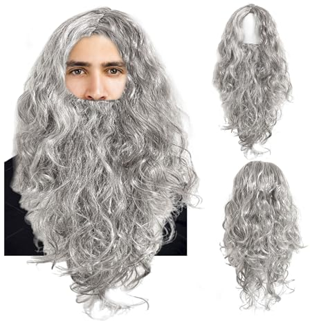 EUPSIIU Herrenperücke Perücke Bart Cosplay Perücke Retro Lang Grau Perücke Herren Damen Hippie Halloween Kostüm Magier Zauberer Perücken für Männer Fasching Mottoparty Karneval Perücken (Grau)