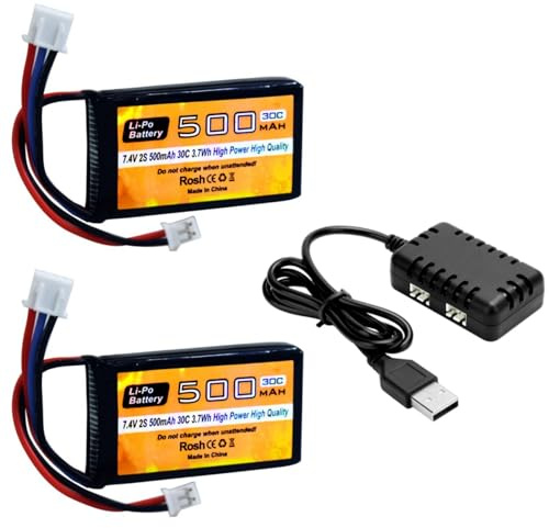 2PCS 7.4V 500mAh 30C PH2.0 Plug Lipo Battery Strap with 2-in-1 Charger for AX24 SCX24 RC Car Models, and Most 1/10, 1/16, 1/18, 1/24 Scale RC Car Truck, Drones