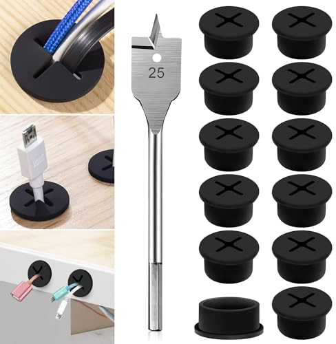 Pasacables De Silicona Flexible Ojales De Cable De Silicona 25mm Pasacables Escritorio Con 1 Broca 12Pcs Pasacables De Escritorio Para Escritorio Mesa Para Muebles Gestión De Cables (Negro)