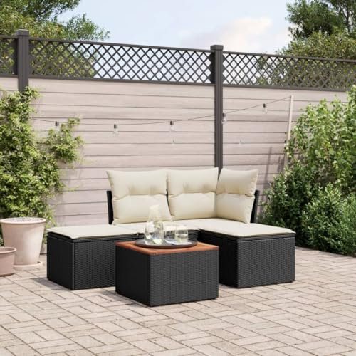 ULUYYUC 5-TLG. Garten-Sofagarnitur, Schlafsessel Mit Bettfunktion Eckbankgruppe Eckbank Polsterbank Geeignet für Außenbereich Garten Hinterhof Balkon mit Kissen Schwarz Poly Rattan