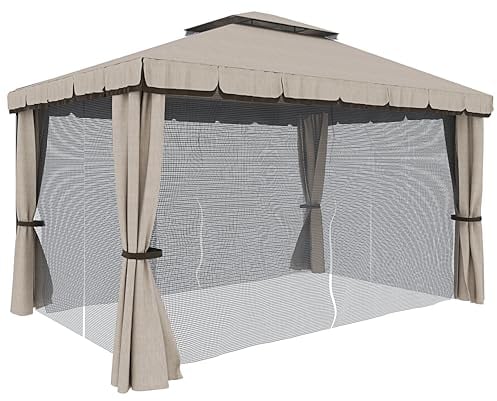 Gazebo Da Giardino 3 x 4 M In Acciaio Robusto Con 4 Teli Laterali E Zanzariere Copertura Impermeabile 180 g/m² Per Esterno Giardino Piscina Fiere Campeggio Privacy Ombreggiante (Beige)