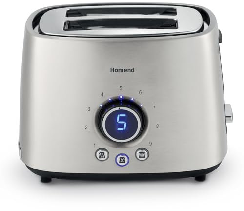 Homend Breadfast 2 Slice Toaster | 9 Browning Levels with LED Adjustment Screen, Wide Slots, High-Lift Lever, Defrost & Reheat Functions, Removable Crumb Tray, Stainless Steel