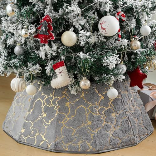 Lewondr Weihnachtsbaum Rock, 66CM Christbaumdecke Deko Baumkragen mit Marmormuster Heißprägung, Plüsch-Weihnachtsbaumdecke Faltbarer Weihnachtsbaumkragen für Weihnachtstag Zuhause Party, Gold & Grau