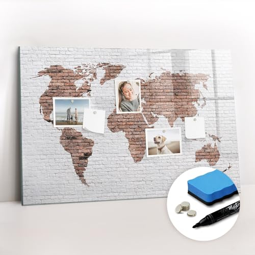 Tulup zum Beschriften Neodym-Magnete mit Magneten und Stift Schreibtafel mit Motiv Magnetpinnwand 90x60 Glasplatte Tafel abwaschbar Magnettafel Wandtafel - Weltkarte aus Ziegelsteinen