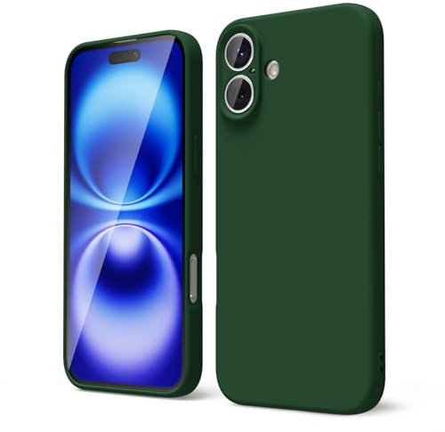 oakxco for iPhone 16 Case Liquid Silicone, Soft Rubber Gel Elegant Aesthetic Basic Simple Cover, Cute Thin Slim TPU Matte Solid Color Plain Smooth Case for Women Men Boy, Dark Green