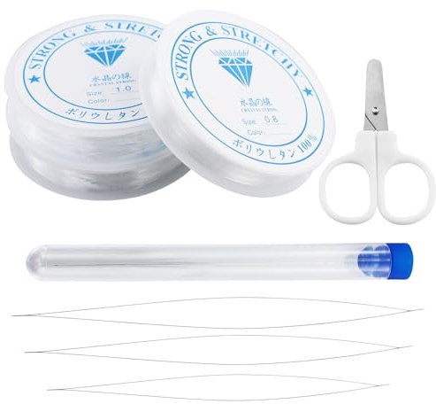 4 rotoli di filo elastico per braccialetti resistenti trasparenti, filo di perline elastico estensibile cristallo corde, filo per bracciale perla, con forbici e ago per perline, per perla