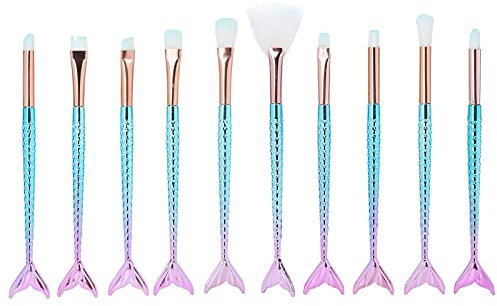Ensemble de 10 pinceaux de maquillage, brosses à cheveux en fibres douces, pinceaux cosmétiques avec poignées en queue de poisson colorées pour fard à joues, ombres à paupières,