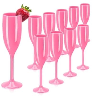jiawaggag Coupe de Champagne Reutilisable Verre a Pied Blanc Incassable Flute Champagne Acrylique Flute Champagne Verre Gobelet pour Mariage Fêtes d’anniversaire Camping Piscine (10, Rose)