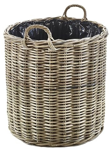 Kobolo Pflanzgefäß rund aus Rattan mit Folie in kubu Grey, Gr. groß: Ø60 cm, 60x60x68 cm, geflochtener Übertopf mit Henkel für Innen- & geschützten Außenbereich, ideal für Terasse oder Balkon
