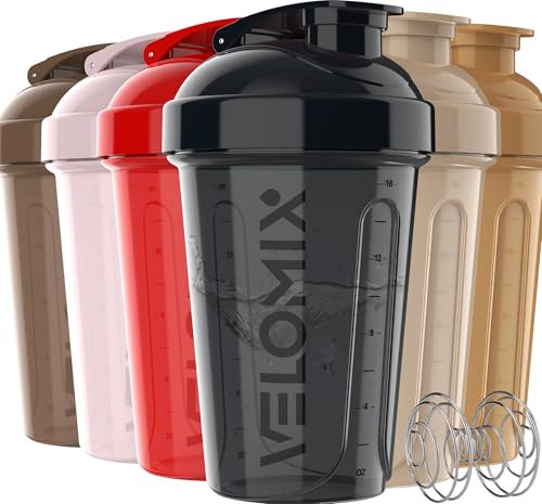 VELOMIX -6 PACK- 20 OZ Protein Shaker Bottles for Protein Mixes, Shaker Cups for Protein Shakes, Small Shaker Bottle Pack, Shaker Cup, Shakers for protein Shakes (Midnight Clay - 6 Pack)