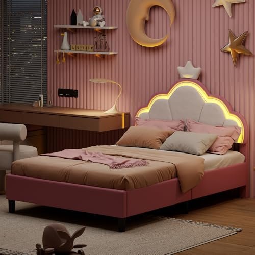 BONUIE Lit Enfant Rembourré 140 x 200 cm avec Lampes LED, lit de Princesse en Forme de Couronne, avec sommier à Lattes et tête de lit réglable, Velours, sans Matelas, Rose