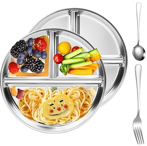 Ceeyoll Assiettes Divisées,Assiette Compartiment Adulte,3Divisées en Bol Maju Compartiment,Assiette Regime Portion Rondes,Apportez une Fourchette en Acier et Une Cuillère Ronde,pour Adultes et Enfants