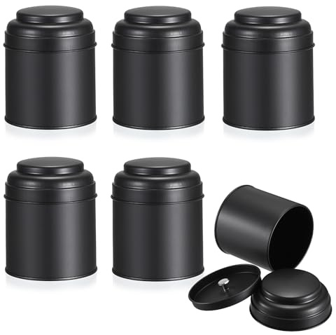 SUMTree 6 cajas de té para té suelto, color negro, juego de latas de cocina de metal con tapas dobles herméticas, recipientes apilables, redondos, pequeñas latas para especias, té de hierbas, azúcar