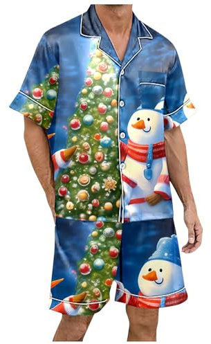 Poudre Poche Mode Noël Ensemble de Pyjama Imprimé pour Homme avec Short à Manches Courtes et Boutonnière Bain Manteau Homme, bleu, M