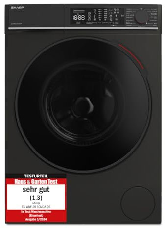 Sharp ES-WNFL914CMDA-DE Waschmaschine, 9 kg, 1400 U/min, Energieeffizienzklasse A (-20%), Inverter Motor, AquaStop, AquaGuard, WiFi, LED-Touch, Dampf-Funktion, Schwarz