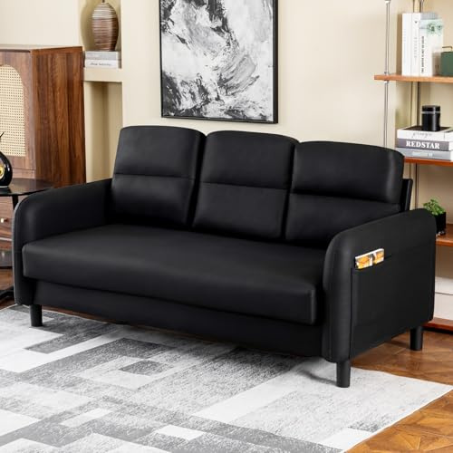 Generisch 3 Sitzer Sofa, Moderne Faux Leder Sofa Couch Polstersofa Settee Große Sofas für Wohnzimmer, Gästezimmer, Schlafzimmer, Büro (Schwarz)