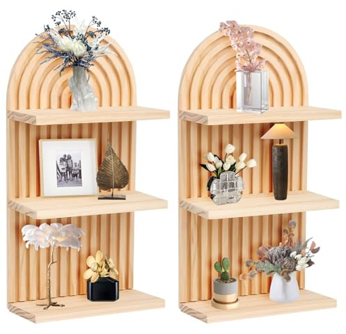 Ruaizel 2 Stück Wandregal Holz Boho Wanddeko, Regenbogen Holz Boho, 3 Stöckiges Wandregal Klein Deko für Kinderzimmer Schlafzimmer Wohnzimmer Badezimmer (Holzfarbe)
