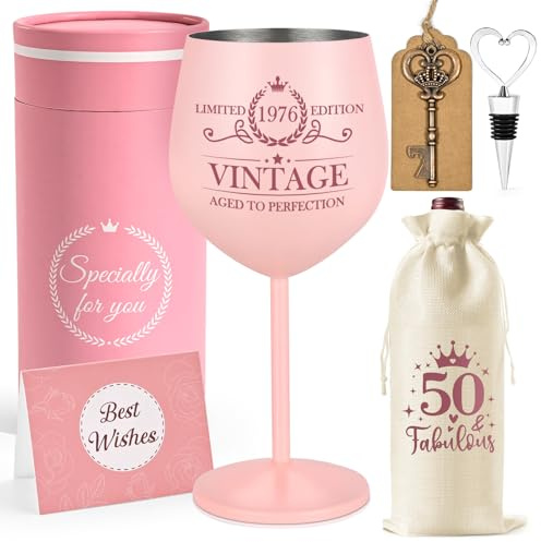Livole 50th Birthday Gifts for Women, Stianless Steel, 18oz Wine Glasses | 1976 Birthday Gifts for Women, 1976 Vintage Aged to Perfection, 50th Wine Glasses, 550ml Wine Goblet, Bottle Opener, Wine Bag