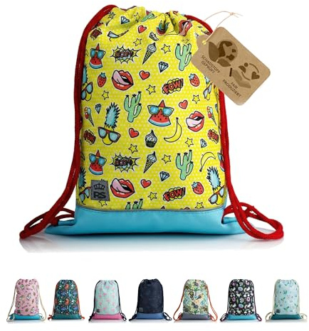 Turnbeutel Sportbeutel Gymbag Rucksack für Kinder (Modell 18) | Reißverschlussfach, Schlüsselclip, Reflektor, für Schule, Sport & Freizeit