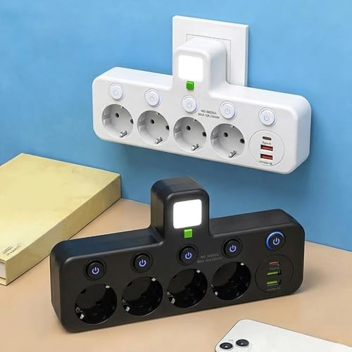 Steckdosenleiste 4 Fach Steckdose Einzeln Schaltbar, Verteilersteckdose Wandmontage mit 2 USB A & USB C, Kabellose Steckdosenleiste mit Nachtlicht, Steckeradapter Mehrfachsteckdose (Schwarz)