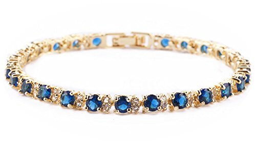 RIVA Ewigkeit Tennis Armband [18cm/7inch] mit Rundschliff Edelstein Zirkonia CZ [Blau Saphir] in 18K Gelbgold Vergoldet, Einfache Moderne Eleganz