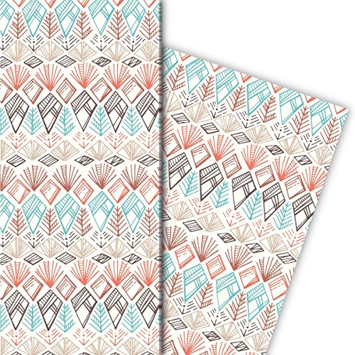 Kartenkaufrausch Set 4 Bogen: Tolles ethno Geschenkpapier, Dekorpapier, Musterpapier zum Einpacken von Geschenken mit Indianer Mustern, hellblau, tolle Geschenkverpackung, Designpapier 32 x 48cm