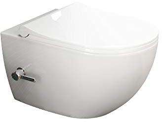 Aqua Bagno | Taharet Toilette mit Softclose SItz, WC-Dusche inkl. Warm-Kalt-Mischer, weiße Keramik Toilette | 51 cm lang