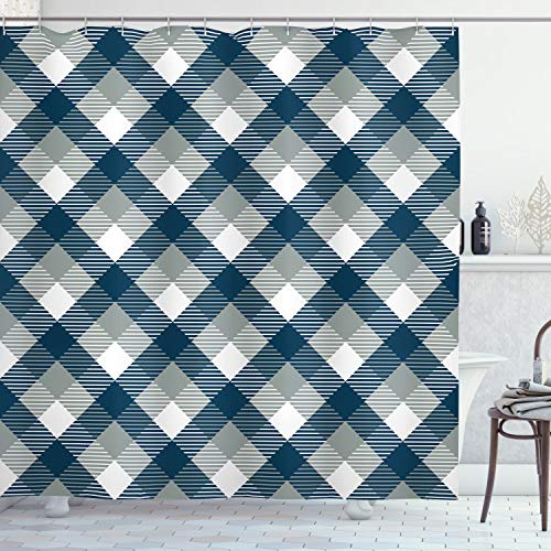 ABAKUHAUS Kariert Duschvorhang, Checkered Tartan-Form, Stoffliches Gewebe Badezimmerdekorationsset mit Haken, 175 x 180 cm, Dimgrey Weiß Dunkelblau