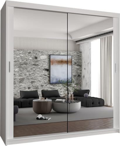 MN Furniture Houston Double Mirror Space Saving Bedroom Sliding Door Wardrobe 100cm/120cm/150cm/180cm/203cm (White, 180cm)