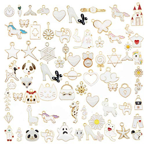 Julie Wang 30PCS Emaille Weiß Charmes Zufällige Mischobst Tierblumen Legierung Anhänger Halskette Ohrringe Schmuckherstellung Zubehör