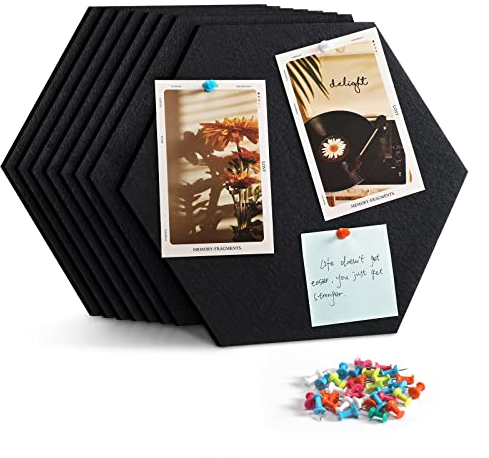 Uoisaiko 30cm Large Felt Hexagon Bulletin Board with 30 Push Pins, Pack of 8 Notice Boards for Home Office Kitchen, Wall Tiles for Photos Memos