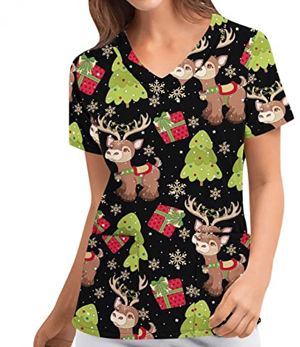 KOUYA Schlupfkasack Damen Weihnachten Pflege große größen mit Motiv Weihnachten T-Shirt mit Taschen Kasack Kurzarm V-Ausschnitt Schlupfhemd Berufskleidung Krankenpfleger Uniformen Nurse Kasacks